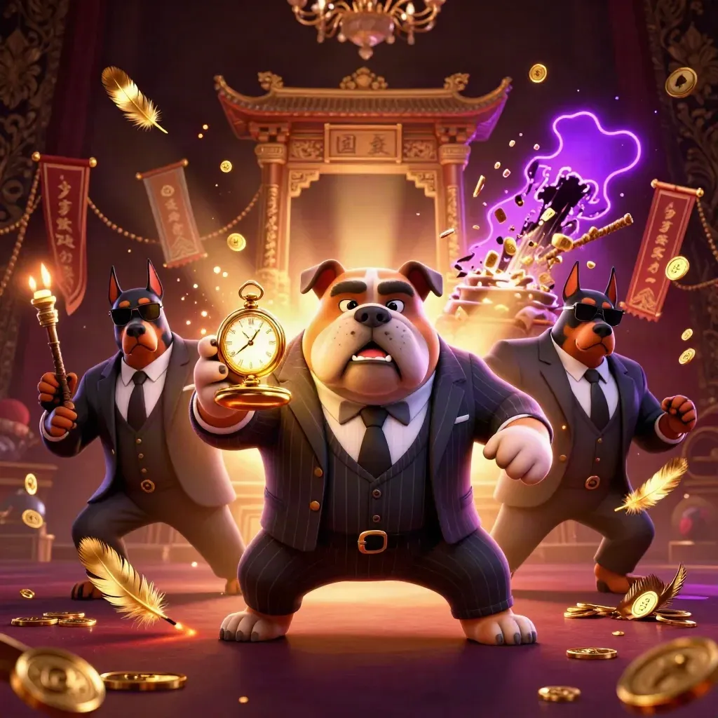 Bulldog mafia dan dua Doberman di depan gerbang kuil, emas dan percikan neon ungu meledak.