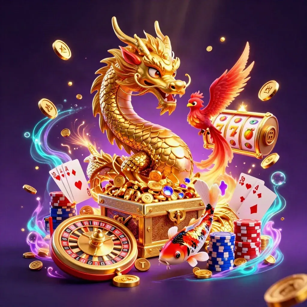 Naga emas 3D, phoenix merah, dan ikan koi di tengah ledakan koin dan permata neon.