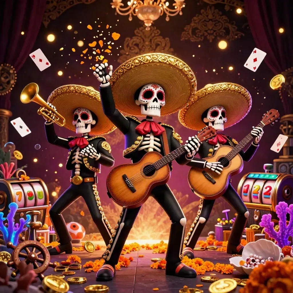 Tiga kerangka mariachi di tengah harta laut, emas berkilau, cahaya ungu neon.