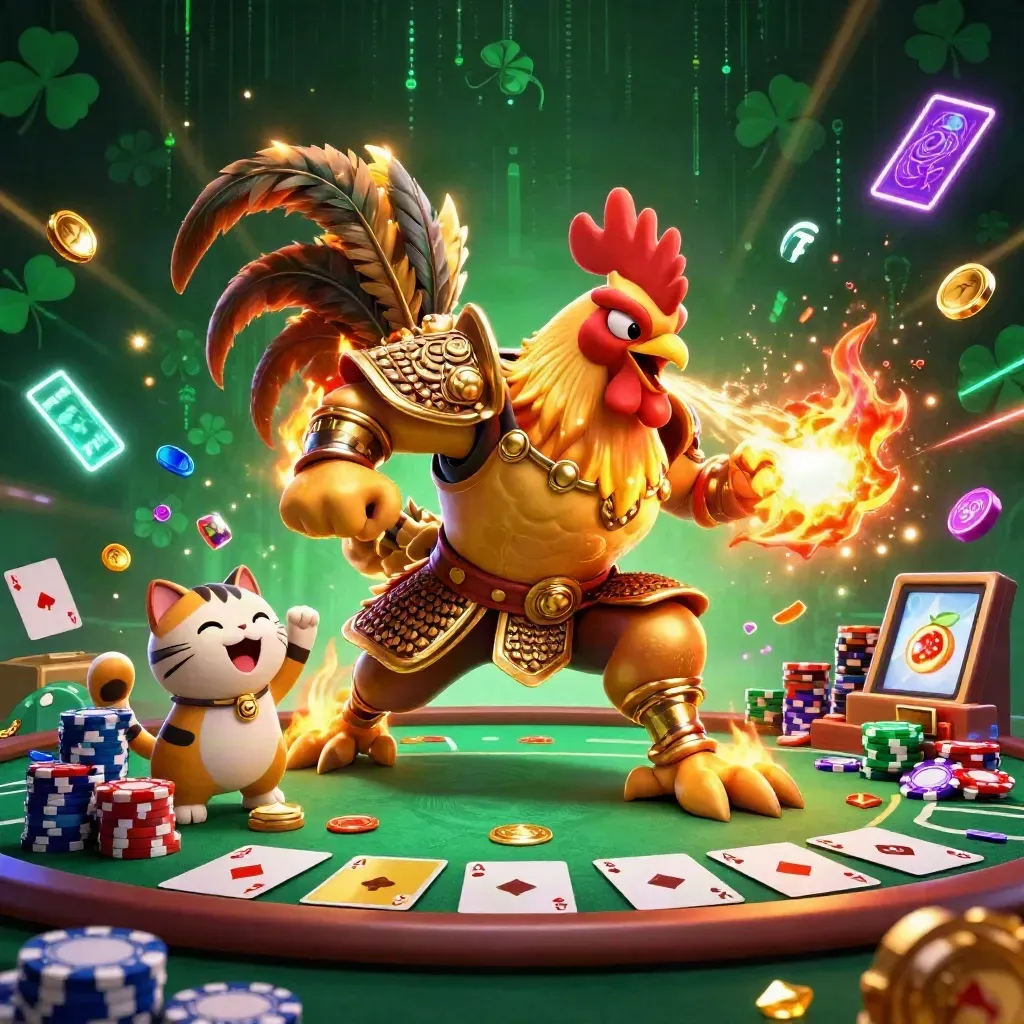 Ayam samurai, naga kecil, dan kucing hoki di tengah ledakan chip dan permata neonnya.