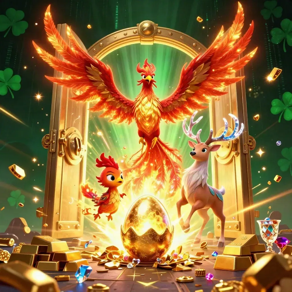 Phoenix api, bayi phoenix, dan rusa kristal melesat di atas peti harta emas berpendar.