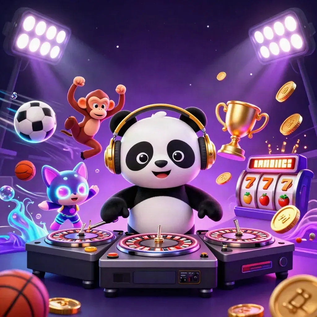 Panda DJ, monyet breakdance, dan kucing rave di tengah ledakan koin dan neon ungu.