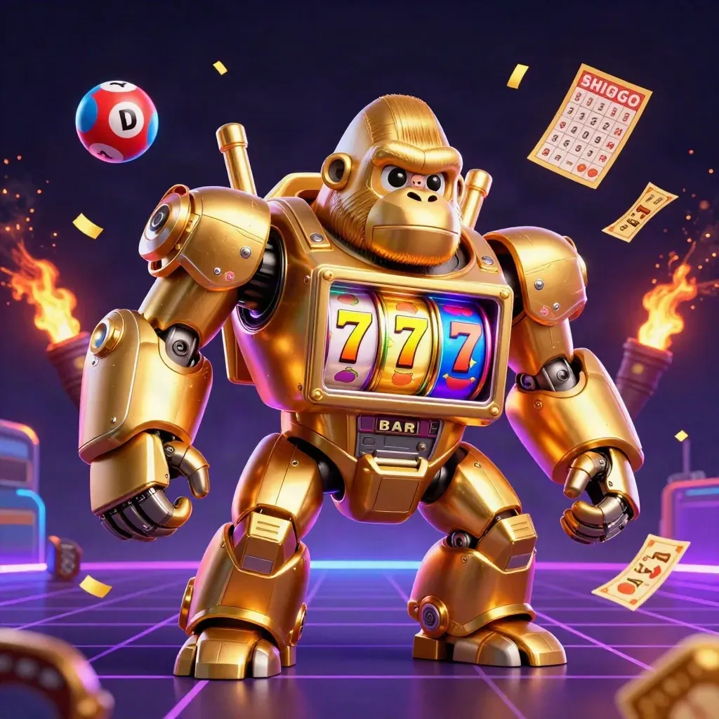Gorila mech emas dengan pilot monyet kecil, reel slot, bola lotto, dan efek neon meledak.