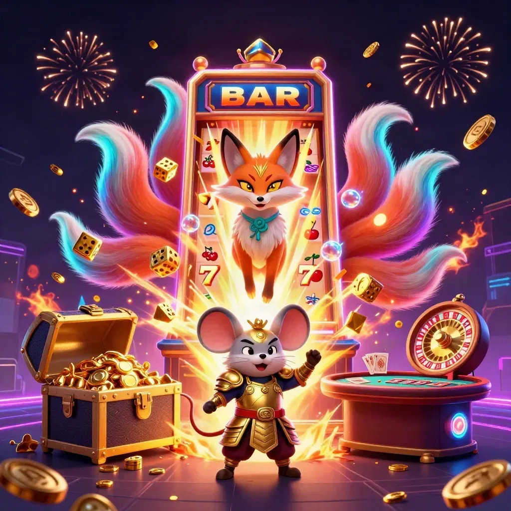 Rubah sembilan ekor neon dan tikus samurai di ledakan slot emas, koin, dan kembang api.