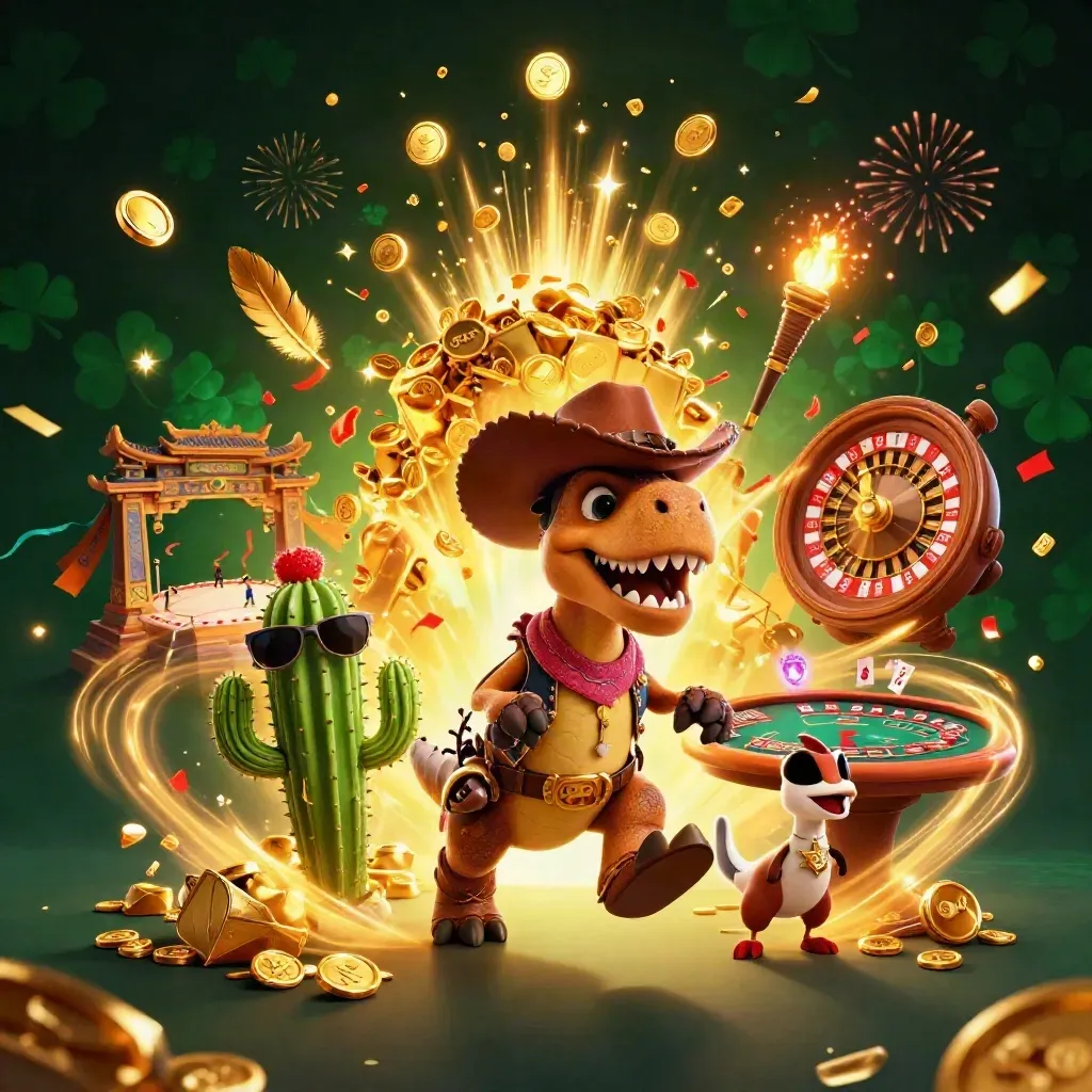 T-Rex koboi, kaktus, dan roadrunner di ledakan koin emas dan neon kasino.