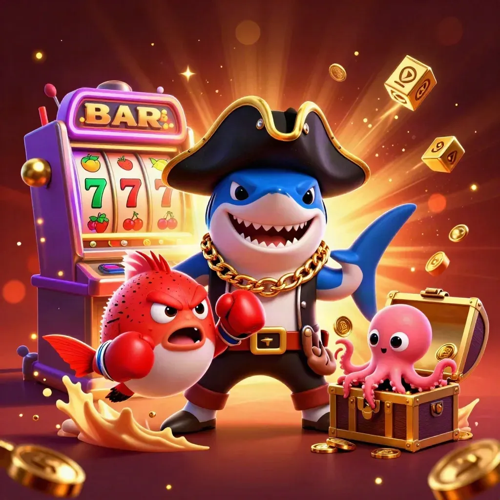 Hiu bajak laut, ikan buntal, dan gurita kecil di antara mesin slot emas.