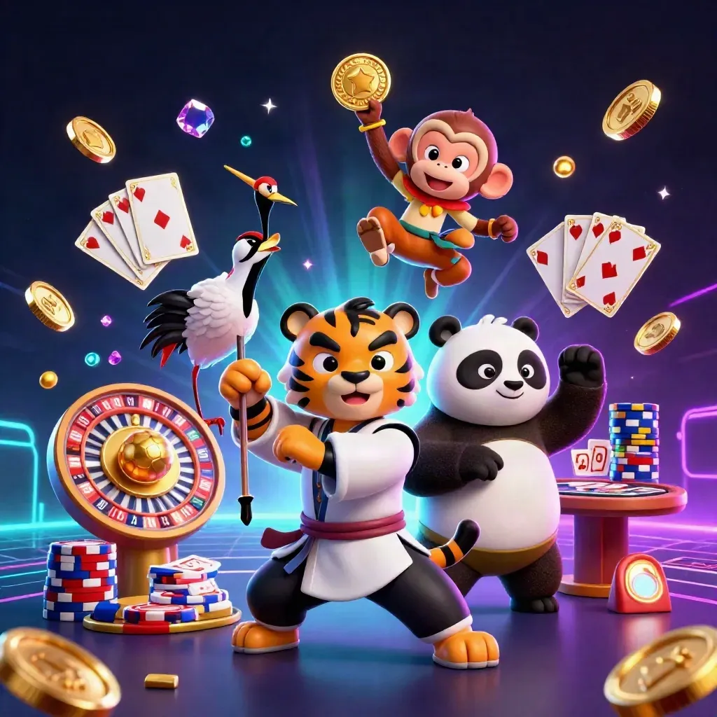 Harimau kung-fu, panda, dan monyet di tengah hujan koin emas dan lampu neon kasino.