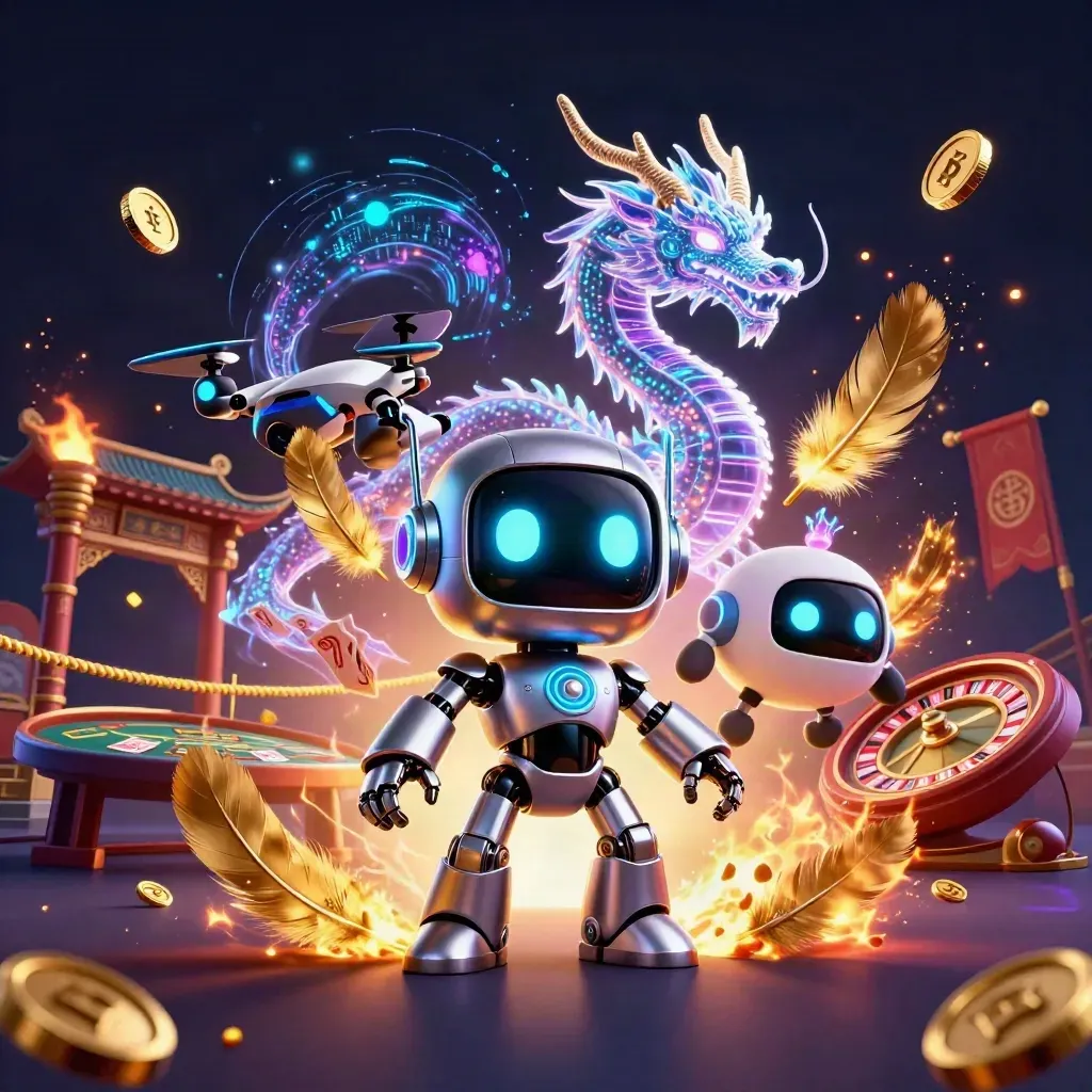 Robot cyberpunk, naga holografik, drone koin, roulette, meja kartu, gerbang kuil emas neon.