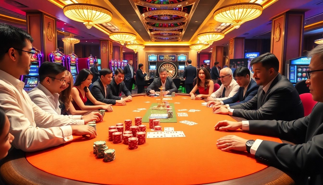 Players strategizing in an exciting game of Dominoqiu at a luxurious poker table in a casino.