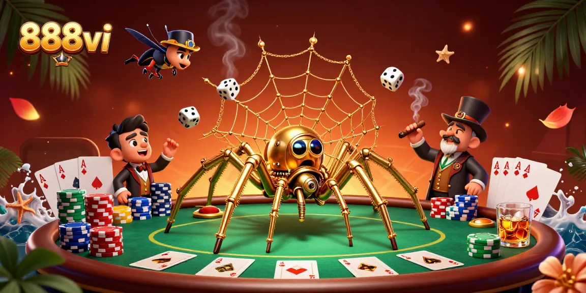 Engage in the thrilling world of 888vi as a steampunk spider captures dice in a web of casinos.