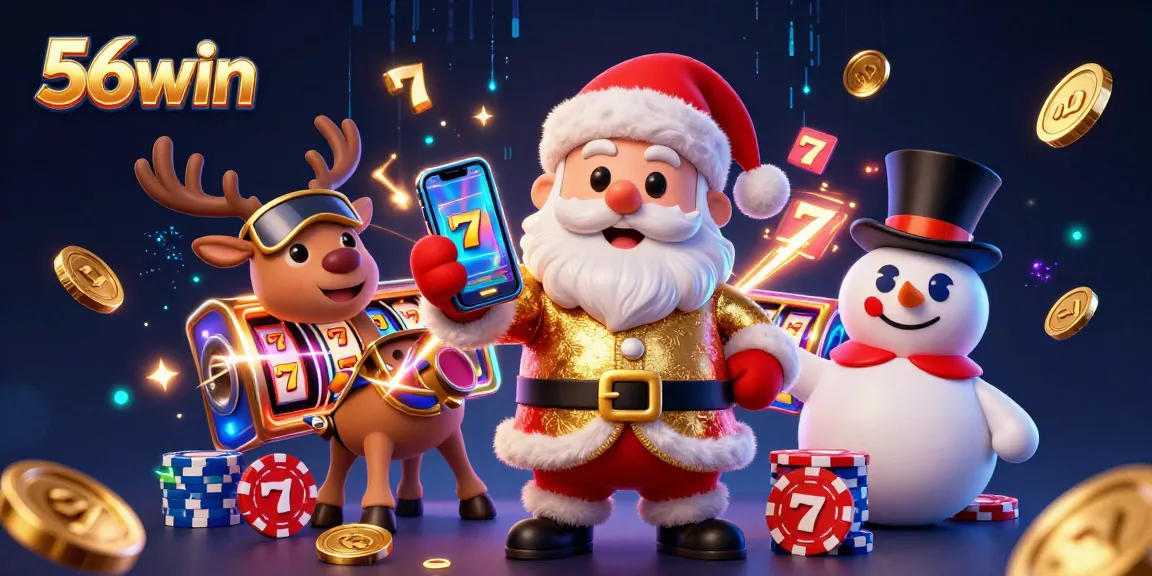 Experience the thrill of 56win with Santa's jackpot slots alongside fun casino characters.