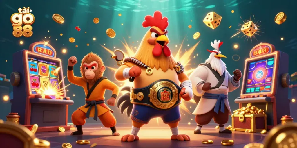 Play and win with tải go 88, featuring dynamic 3D cartoon characters and exciting casino elements.