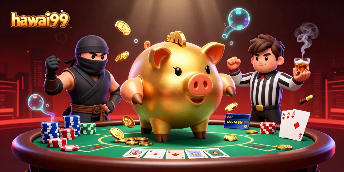 Experience the dynamic gameplay of hawai99 featuring a golden piggy bank sumo wrestler in an energetic casino scene.