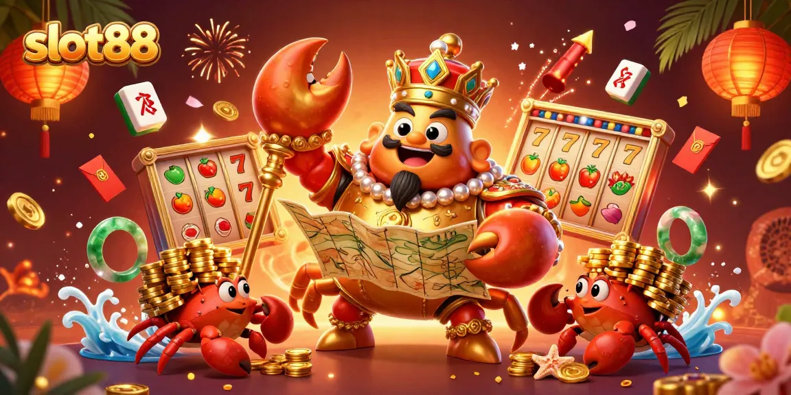 Menangkan jackpot maxwin di slot88 dengan ilustrasi krab emas bertema kasino yang megah.