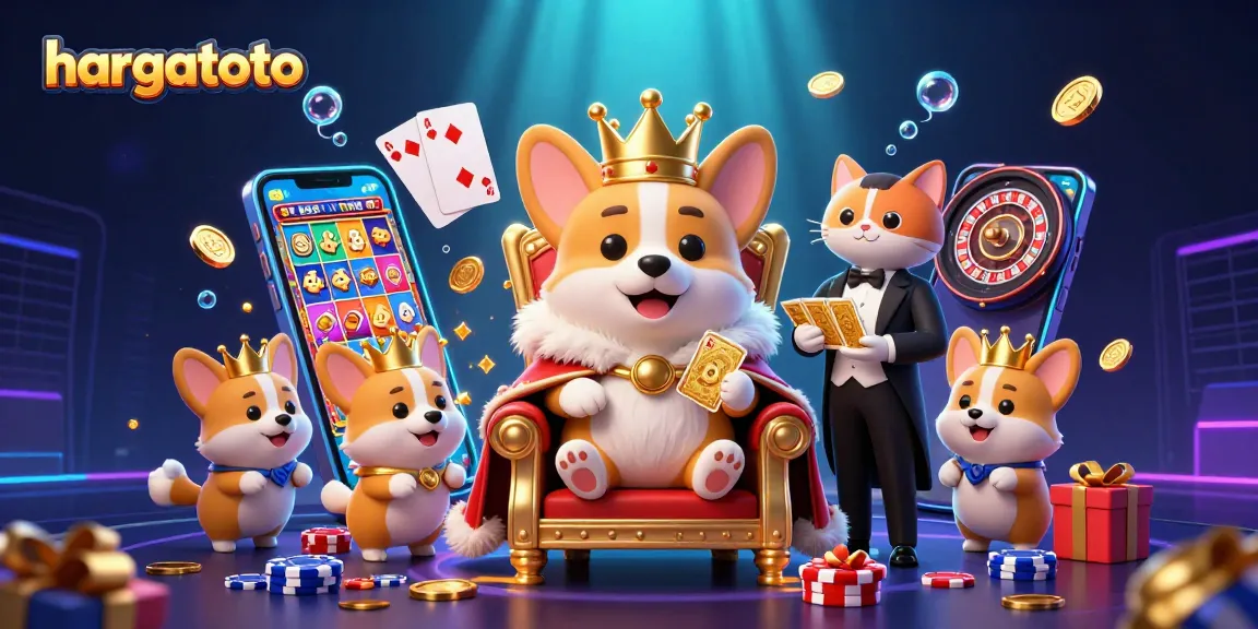 Experience hargatoto with a crowned corgi on a throne of poker chips, surrounded by gaming elements.