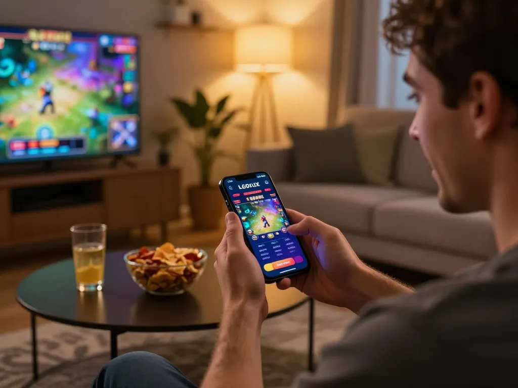 Player engaging with LGOLUX app for exciting online gambling in a cozy home setting.