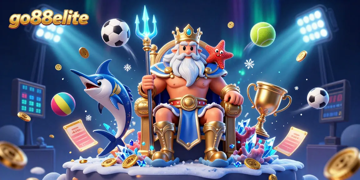 Experience thrilling wins at go88elite with our vibrant casino-themed illustration featuring Neptune and sports betting elements.