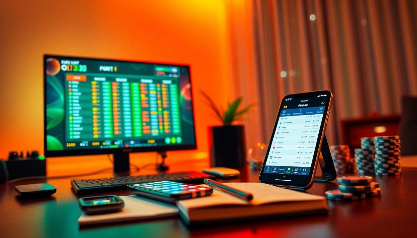 TOP nhà cái uy tín depicted in a modern online betting setup with live sports odds and smartphone applications.