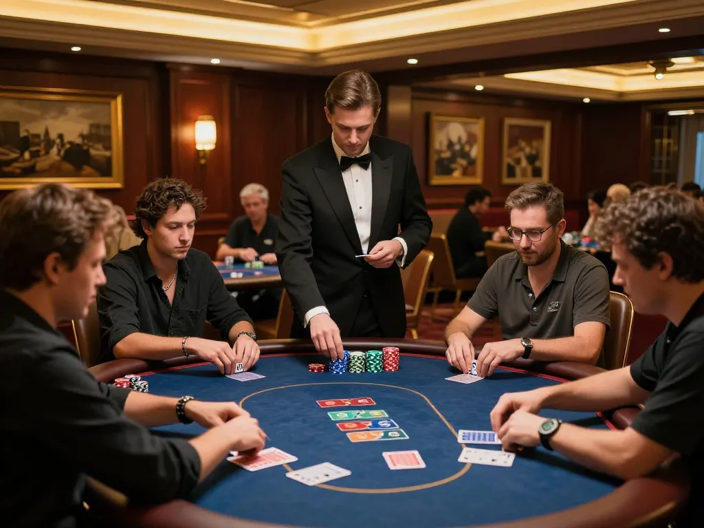 Players engage in a strategic poker game with mpoid strategy in a luxurious casino setting.