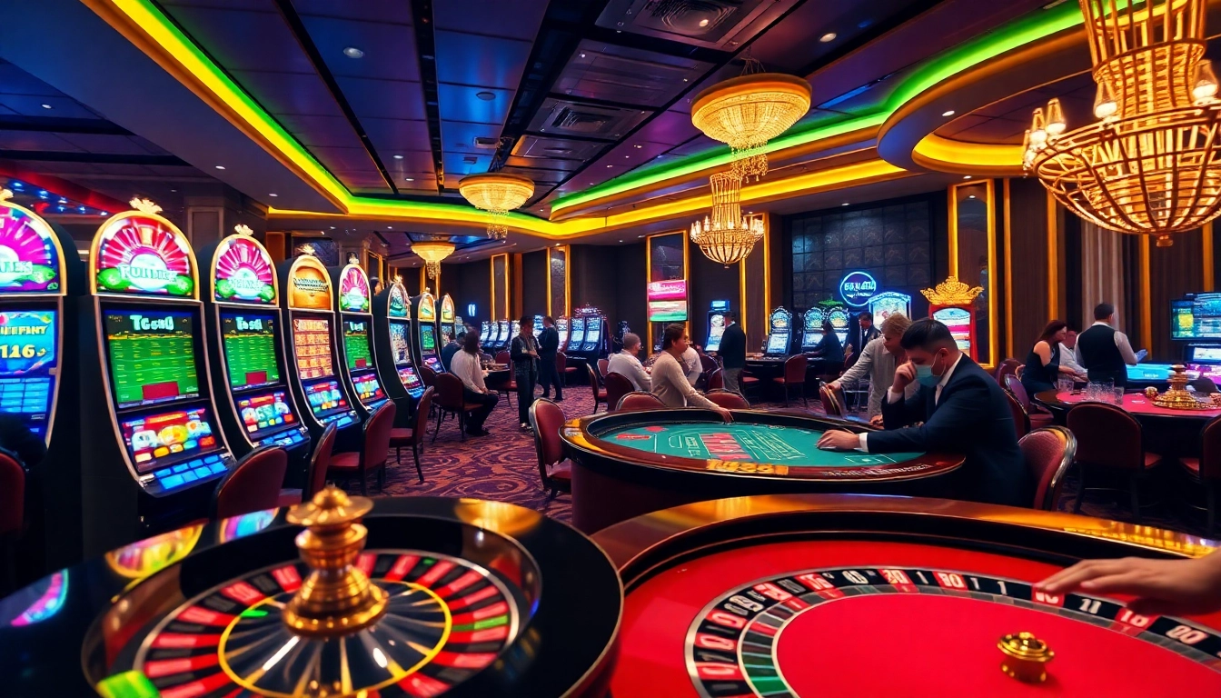Exciting TG88 casino scene with players at slot machines and roulette table.