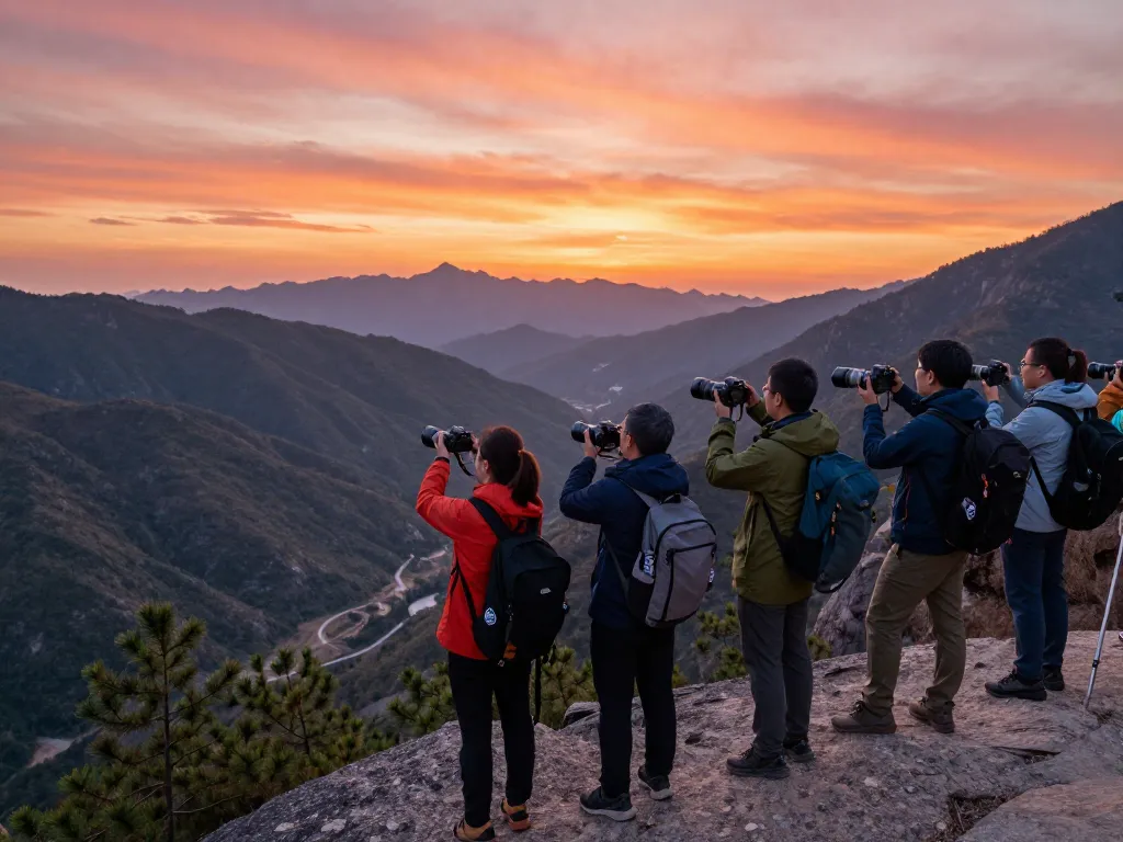 Group exploring breathtaking mountain views during sunset, Fly88 adventure.