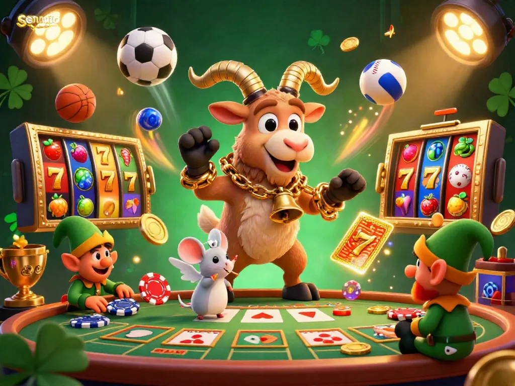 SOMATOTO brings an exhilarating casino atmosphere with Krampus goat managing a vibrant gaming scene filled with playful elf gremlins.