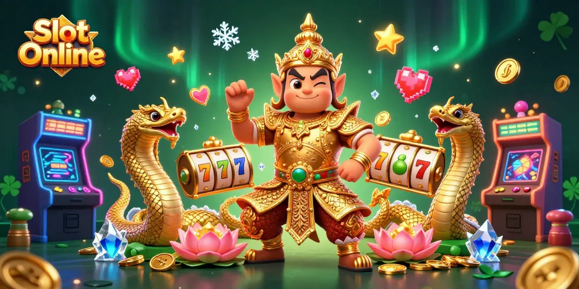 Discover thrilling Slot Online adventures with a friendly Thai guardian and gold scales amidst colorful game symbols.