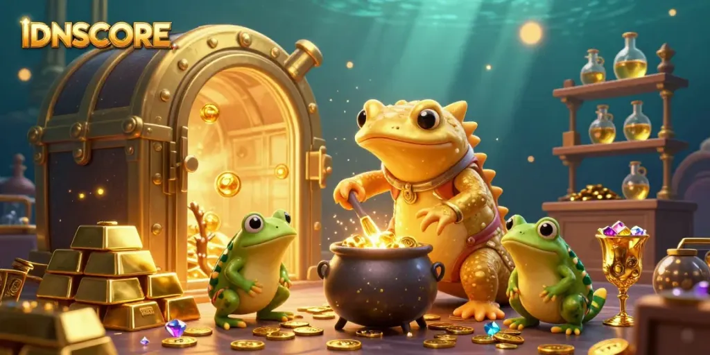 Experience the magic of the IDNSCORE casino world with a golden salamander alchemist and treasure.