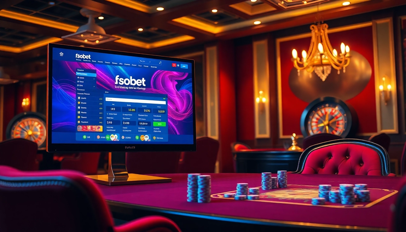 The sbobet login terbaru interface illuminated in a luxurious casino setting with poker chips and roulette wheel.