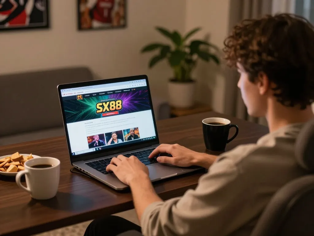 SX88 online gaming session at home, user engaged with laptop interface and snacks nearby.