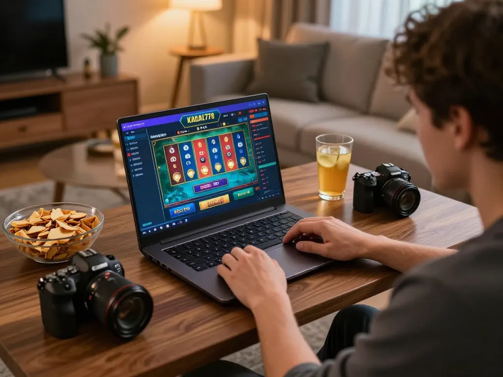KADAL778 gaming setup at home showcasing engaging poker gameplay on a laptop.