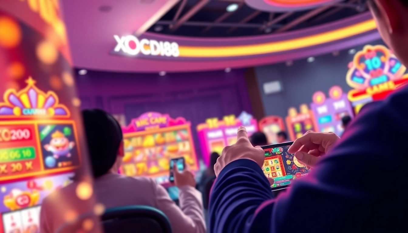 Engaging gaming scene featuring XOCDIA88's online platform with colorful games and excited players.