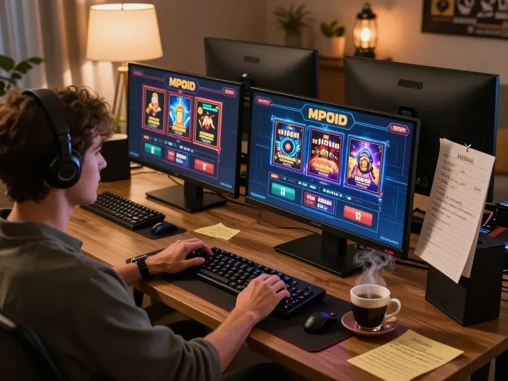 Engaged user exploring MPOID interactive games on a multi-screen setup at home.
