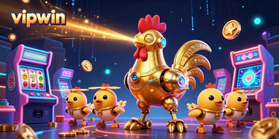 Experience thrilling moments with vipwin as a futuristic rooster robot and baby chick drones light up the casino.