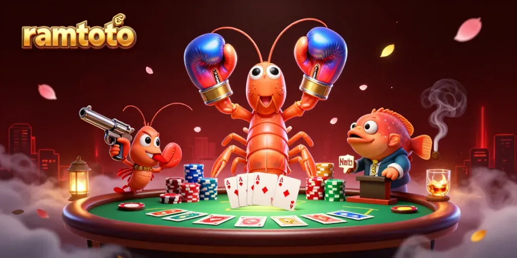 Gambarlah ramtoto dengan permainan kartu dan penyu berwarna cerah dalam suasana kasino yang meriah.