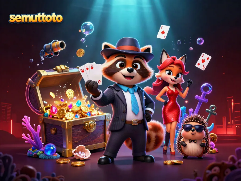 Racoon berpenampilan fashionable, beradu kartu dalam semuttoto, dikelilingi elemen kasino yang memukau.