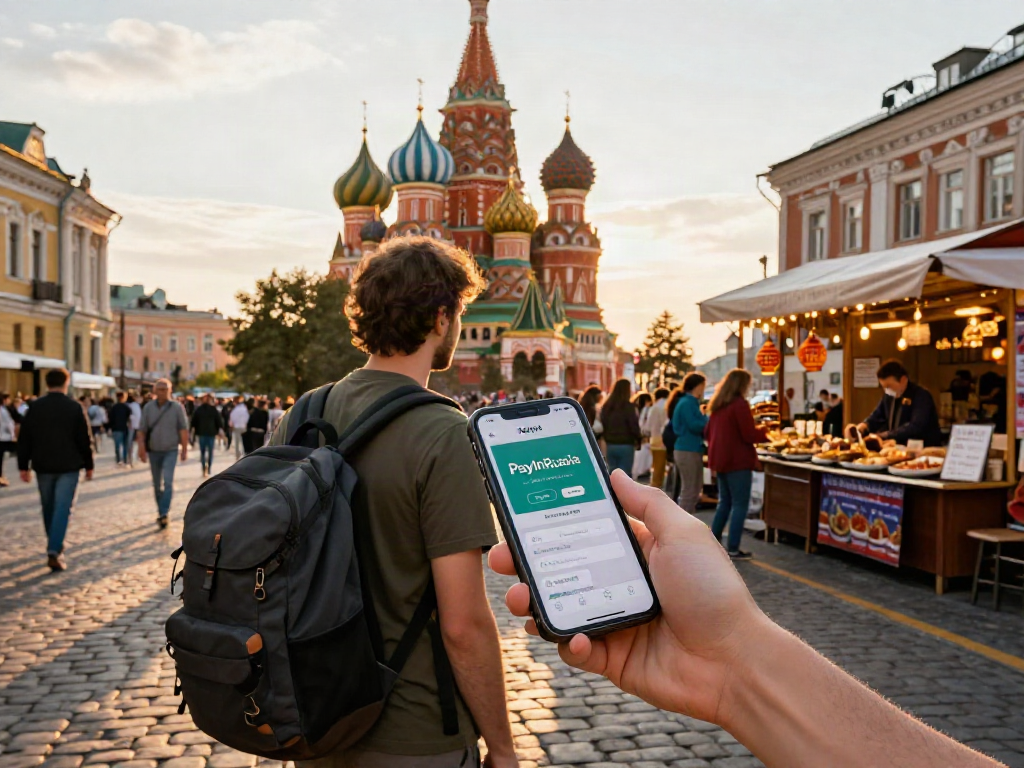 Menggunakan aplikasi https://payinrussia.com/ di Rusia, menjelajahi kota saat matahari terbenam.