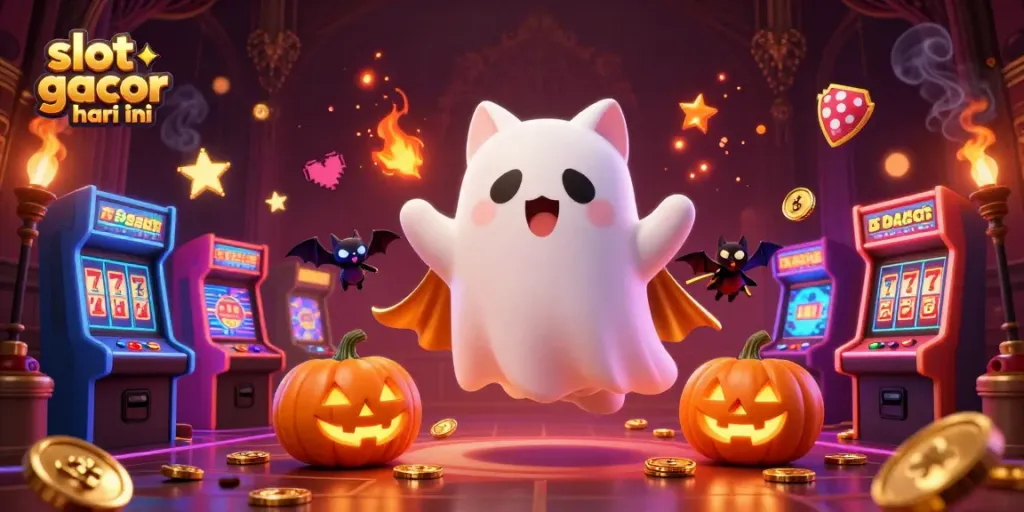 Slot gacor hari ini ditampilkan dengan karakter kucing hantu, pipit kelelawar, dan simbol jackpot yang bersinar.