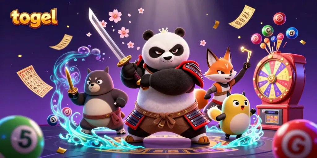 Togel penuh warna dalam ilustrasi 3D dinamis, menampilkan panda samurai dan teman rubah ninja.