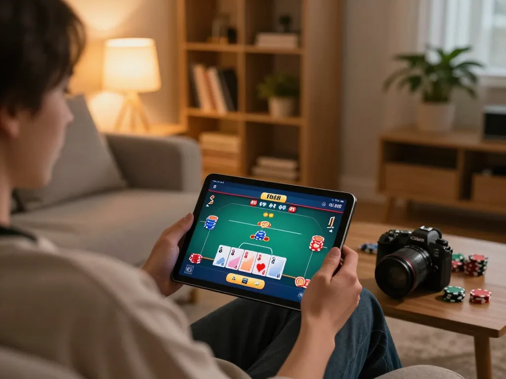 Gambling on fb88 app with a cozy home setup during poker gameplay.