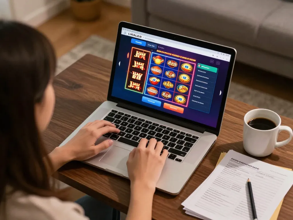 LIGALGO user strategizing with online slots interface on laptop in a cozy home setting.