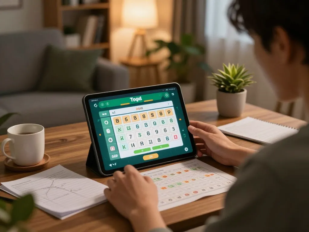 Engaged player analyzing togel sgp results on tablet in cozy home environment.