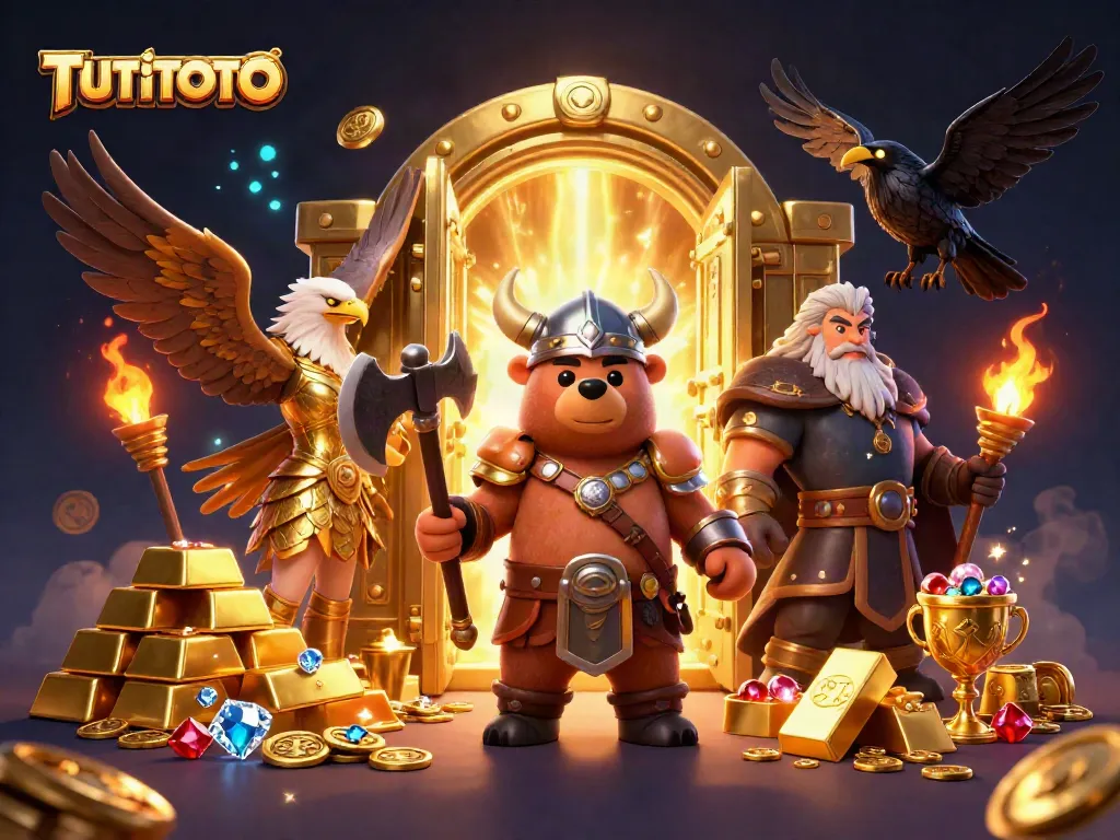 Engage with TUTITOTO’s thrilling casino experience through a vibrant 3D illustration featuring mythical characters and treasures.