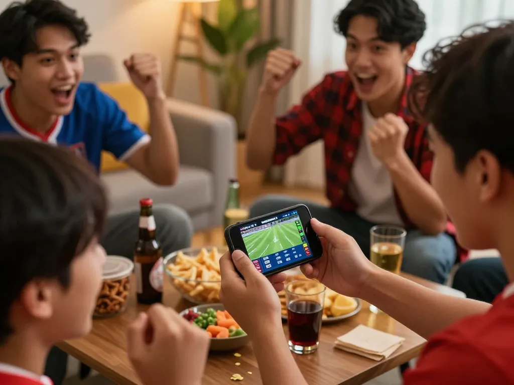 Xoilac betting enthusiast enjoying a live football match on smartphone with friends.