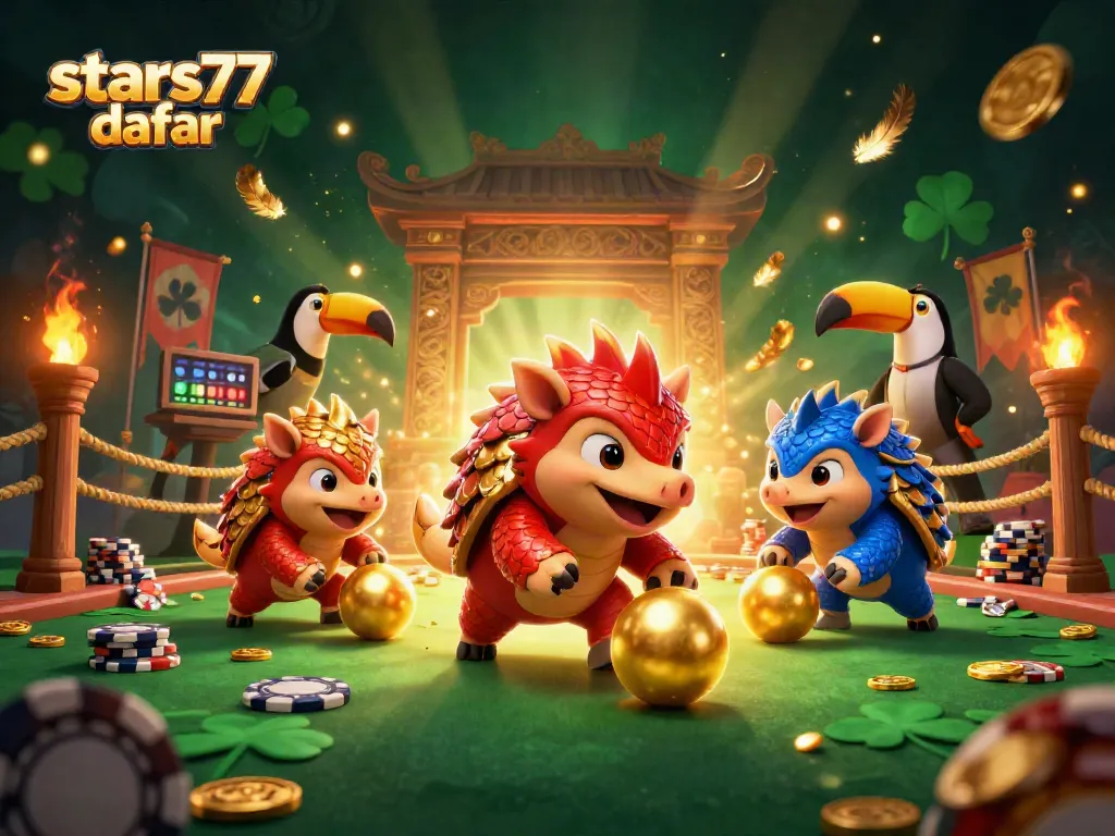 Permainan menegangkan di stars77 daftar dengan pangolin bersaing melalui tumpukan chip poker dan bola emas.