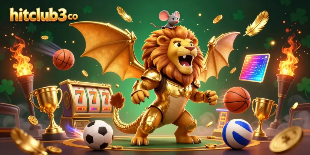 Join the excitement at hitclub3 co with an exhilarating chimera creature surrounded by vibrant casino elements.