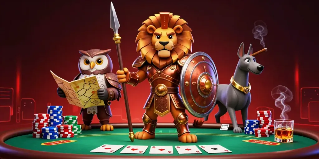 Ilustrasi 3D m77casino dengan karakter poker yang menarik dan suasana kasino yang meriah.