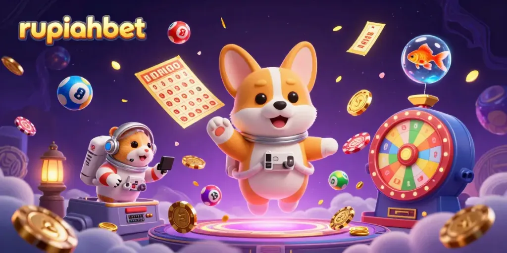 Experience fun and excitement at rupiahbet with floating gaming elements in a dynamic casino scene.