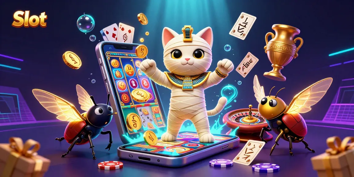Spinning Slot reels emerge from the captivating mummy cat scene, showcasing vibrant casino action.