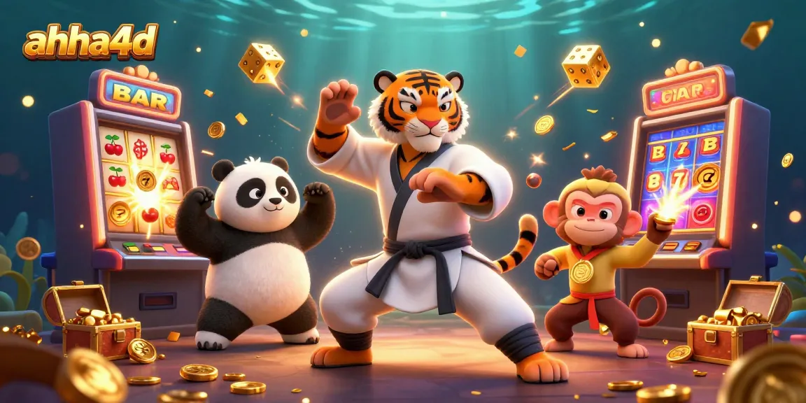 Spin the reels of ahha4d slot machines amid a vibrant scene of winning action and playful characters.